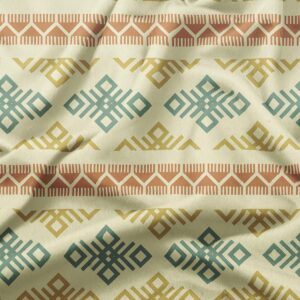 zbliżenie na geometryczny wzór i strukturę materiału z miętowymi i musztardowymi elementami