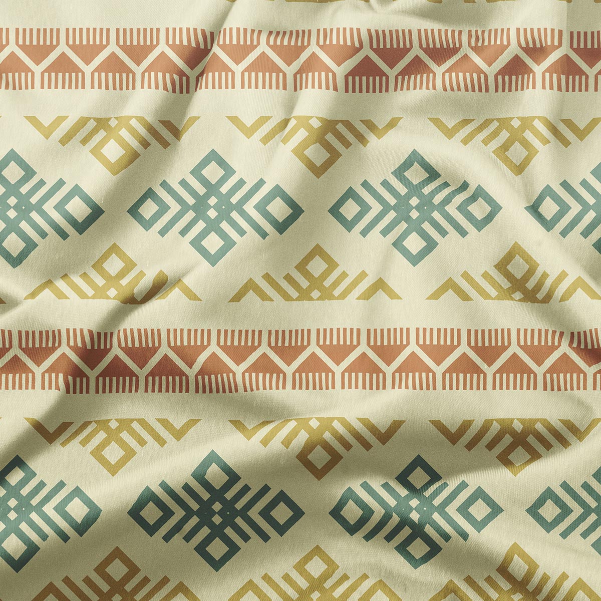 zbliżenie na geometryczny wzór i strukturę materiału z miętowymi i musztardowymi elementami