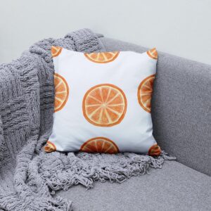 poduszka z powtarzającym się wzorem pomarańczy ułożona na sofie obok miękkiego koca