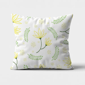poduszka dekoracyjna frontalne ujęcie z żółtymi kwiatami i zielonymi listkami na jasnym tle