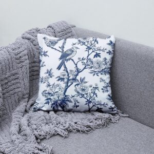 Poduszka z niebieskimi ptakami na gałązkach ustawiona na szarej kanapie obok miękkiego koca