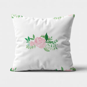 Biała poduszka dekoracyjna z akwarelowym bukiecikiem róż na środku, widok z przodu