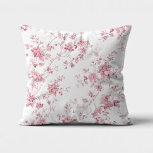 Poduszka dekoracyjna z przodu, biały materiał z różowymi gałązkami i kwiatami