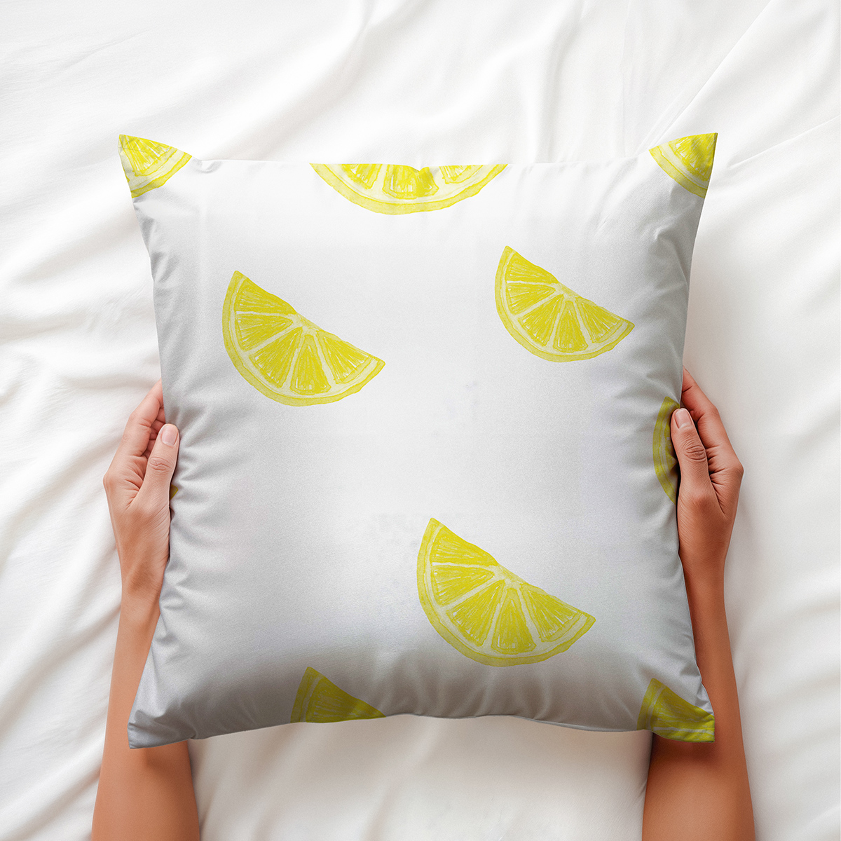Poduszka trzymana dłońmi na białej pościeli, widoczny detal plasterków cytryny