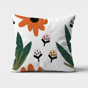 główne ujęcie poduszki dekoracyjnej z dużym pomarańczowym kwiatem i zielonymi liśćmi na jasnym tle