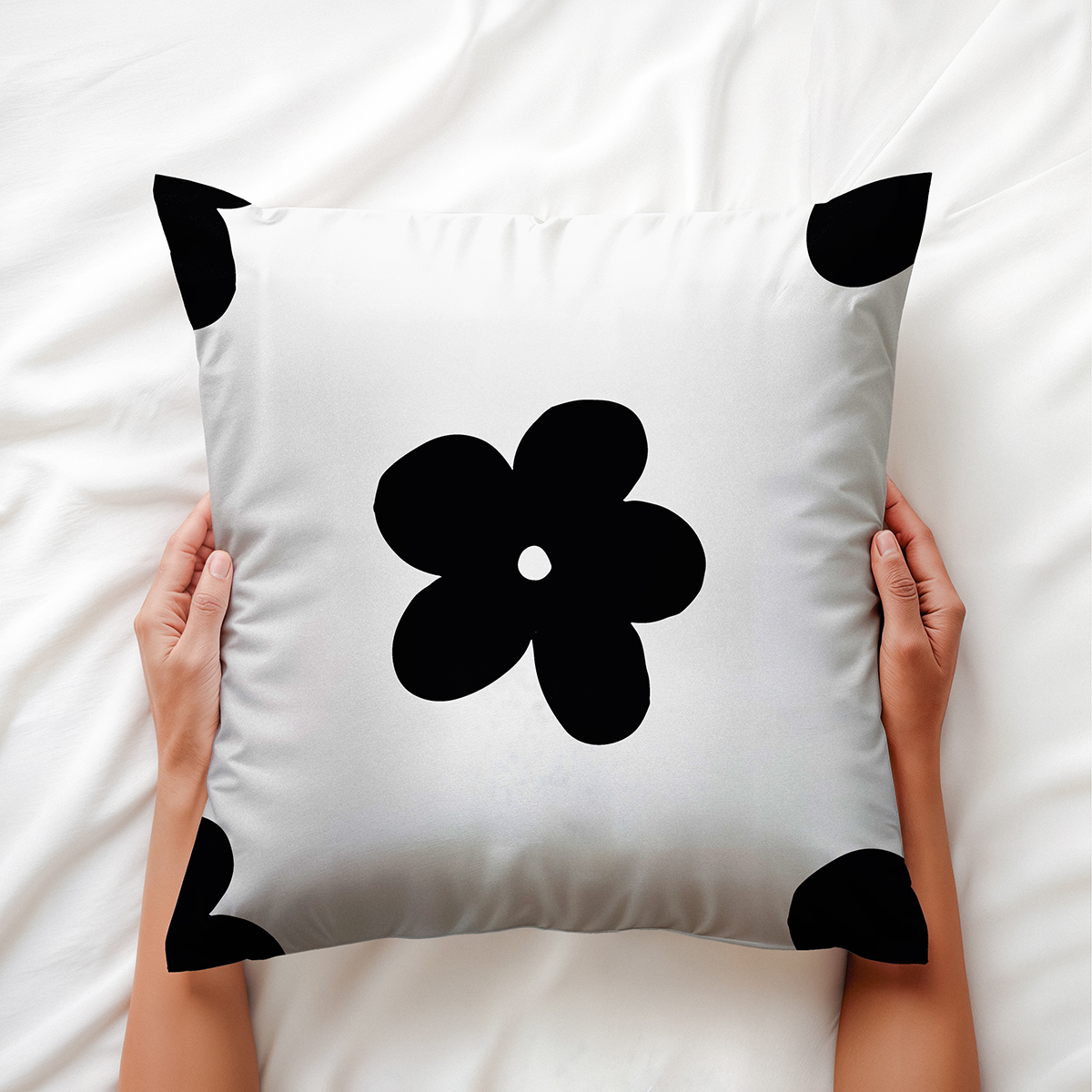 ręce trzymające poduszkę z graficznym czarnym kwiatem, detal nadruku i miękka tkanina