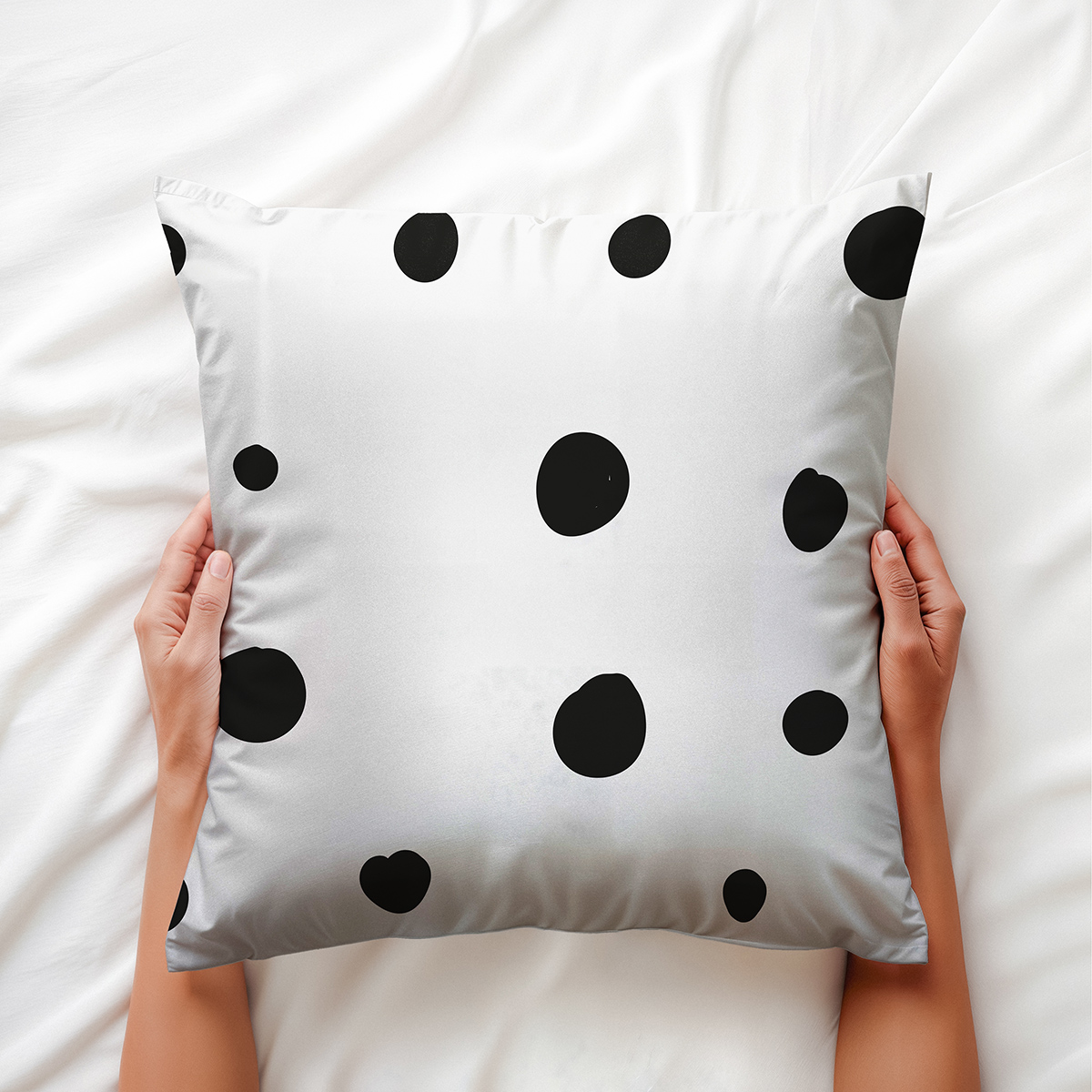 zbliżenie na nieregularne grochy i miękką fakturę poduszki trzymanej dłońmi