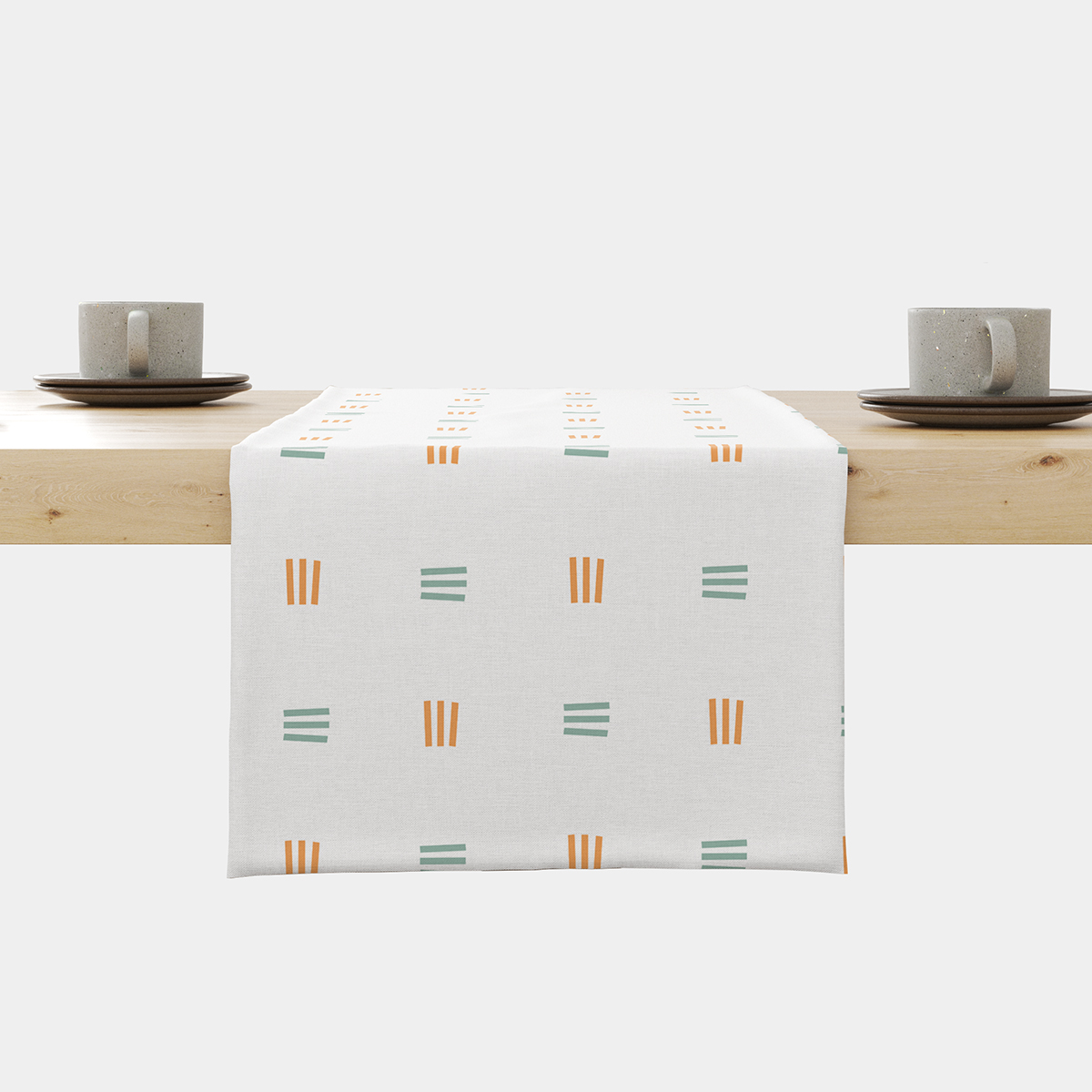 Bieżnik na stole z motywem małych grup trzech kresek w miętowym i pomarańczowym na białym tle