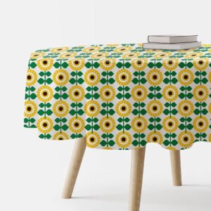 Okrągły obrus z żółto-zielonym wzorem słoneczników na białym tle, główne ujęcie produktu