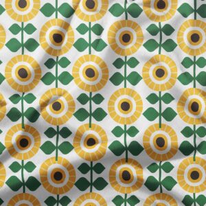 Zbliżenie na geometryczne słoneczniki i zielone liście, detal tkaniny i nadruku