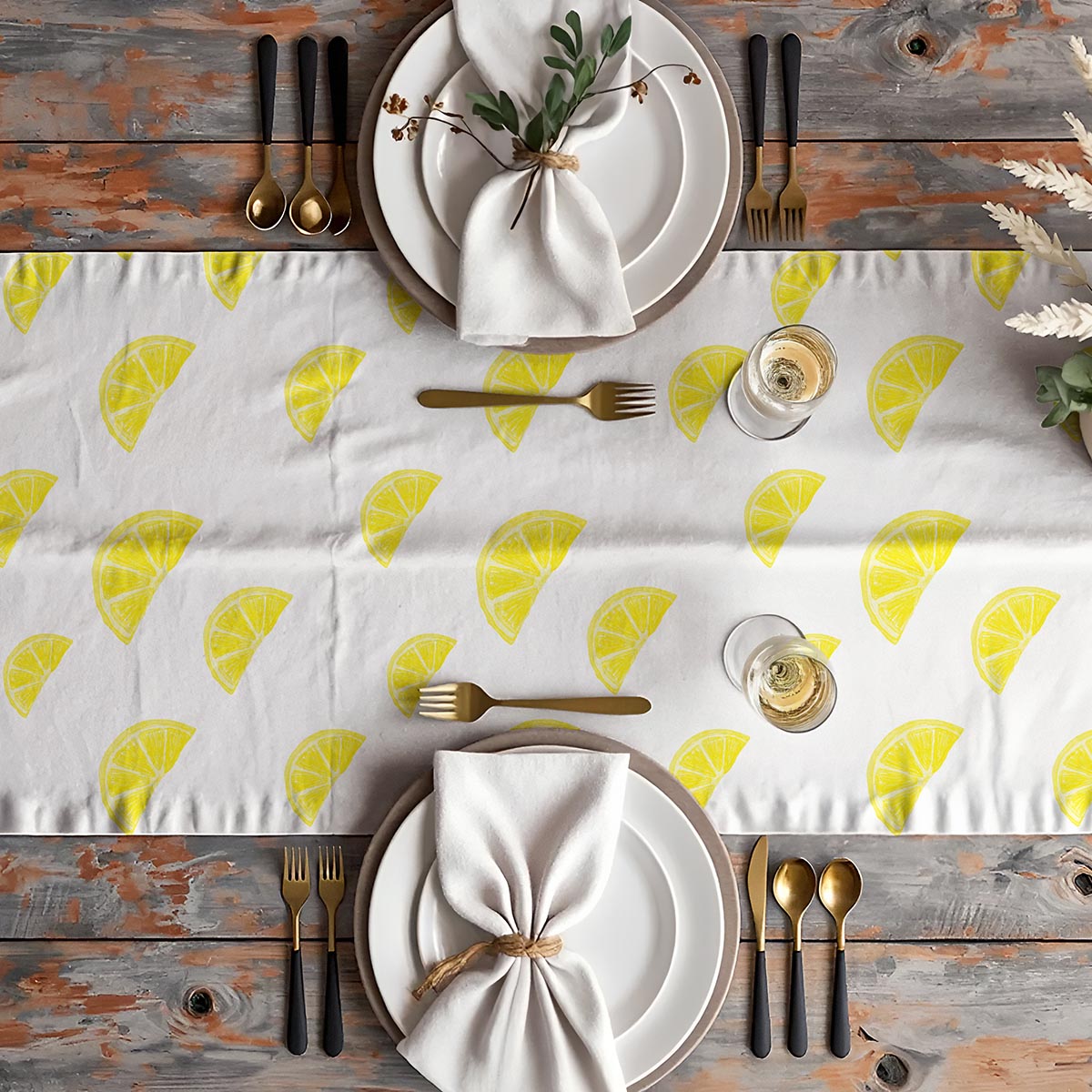 Aranżacja stołu z bieżnikiem, nakryciami i szkłem widziana z góry