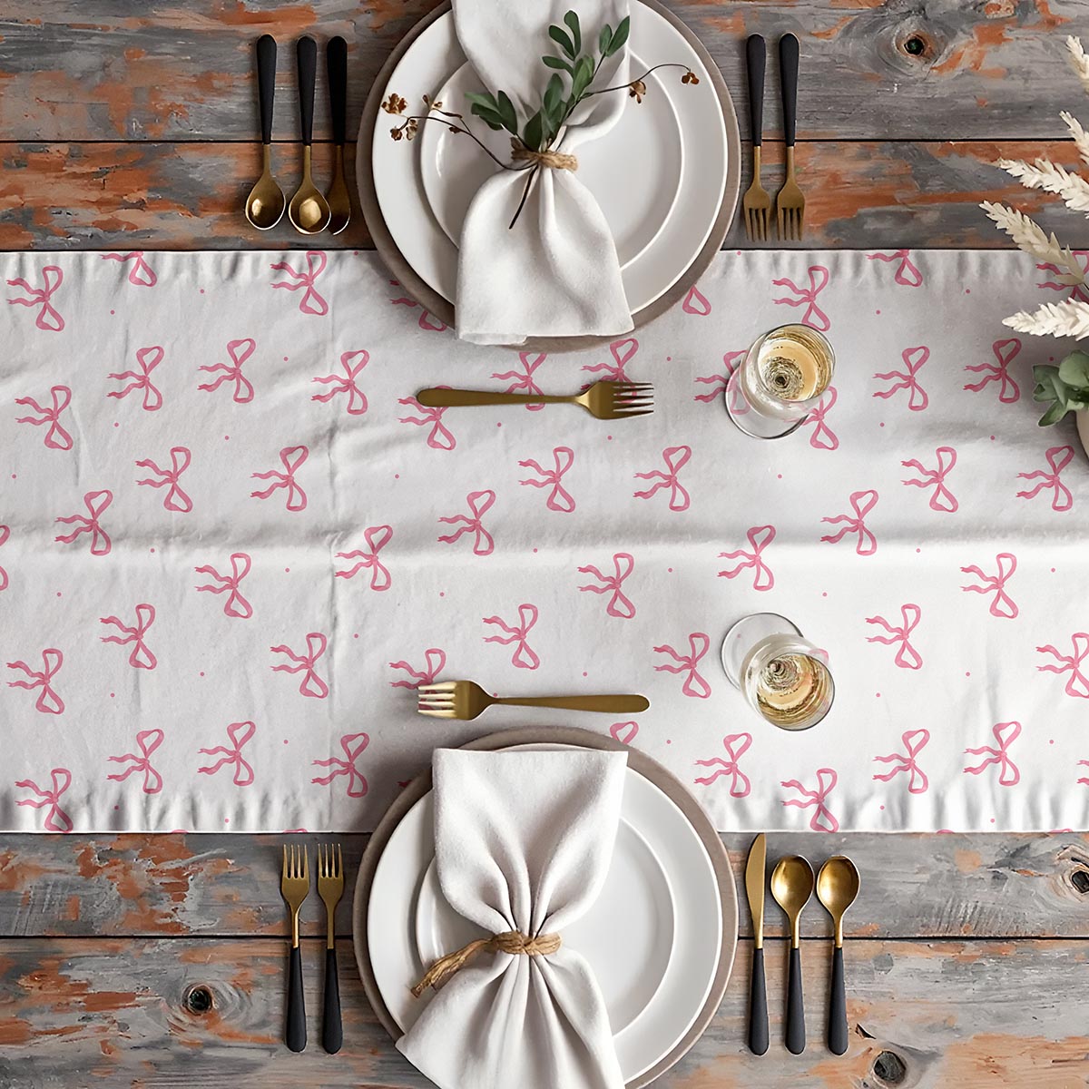 Widok z góry na zastawiony stół z bieżnikiem, sztućcami i kieliszkami