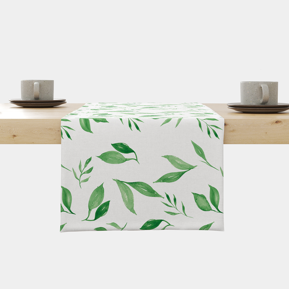 Bieżnik z zielonymi akwarelowymi listkami na jasnym tle, ujęcie frontalne