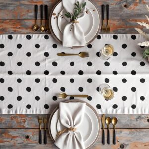 Aranżacja stołu z zastawą i bieżnikiem w czarne kropki, widok z góry