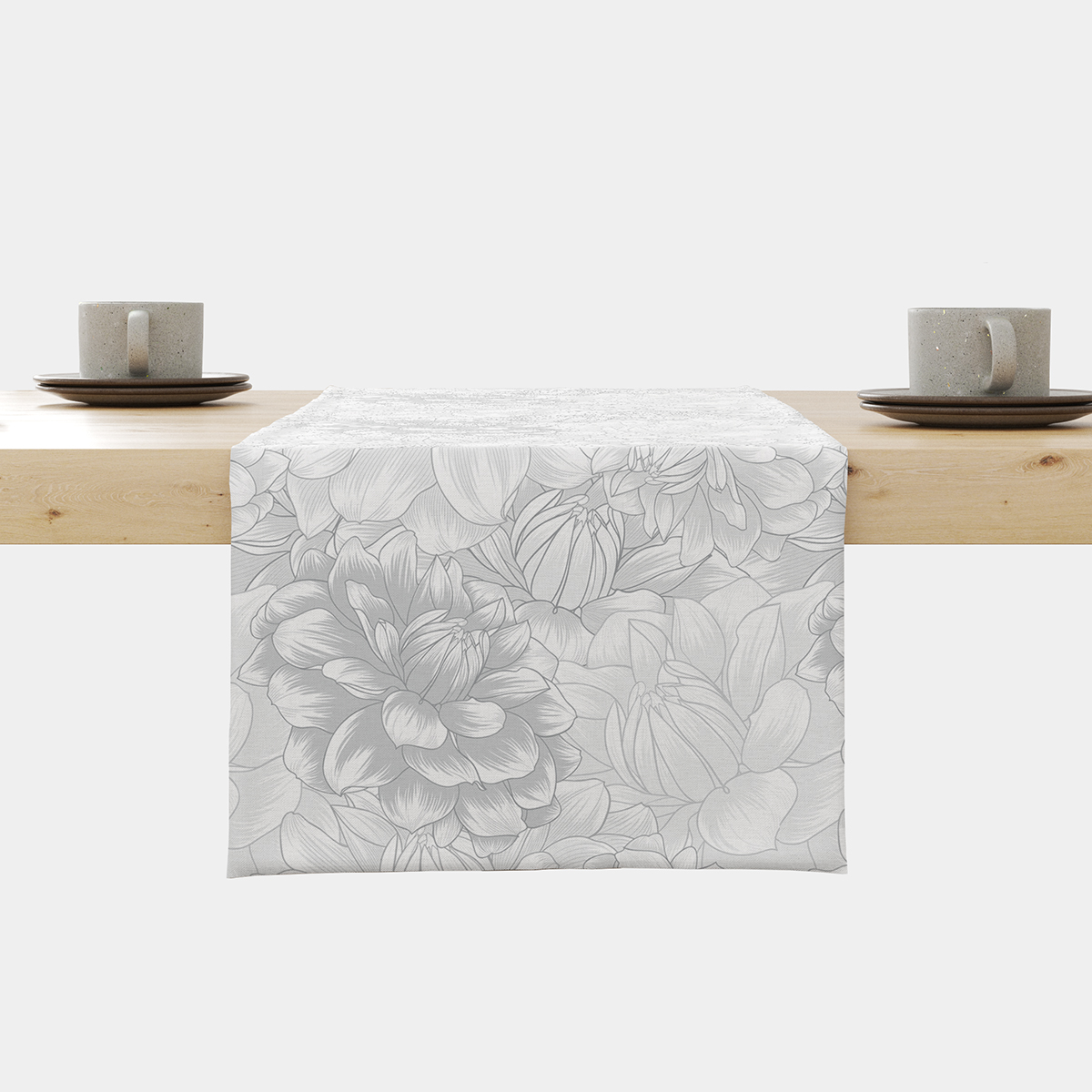 Bieżnik z delikatnym wzorem szarych piwonii rozłożony na drewnianym stole, widok centralny