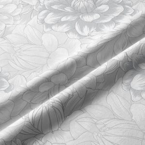 Zbliżenie na fakturę tkaniny i rysunkowy deseń piwonii z subtelnymi cieniowaniami