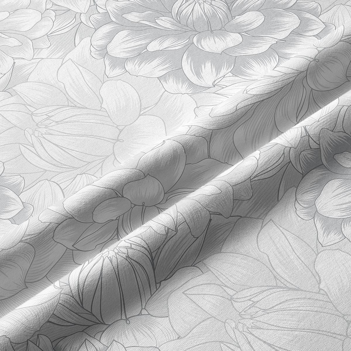 Zbliżenie na fakturę tkaniny i rysunkowy deseń piwonii z subtelnymi cieniowaniami