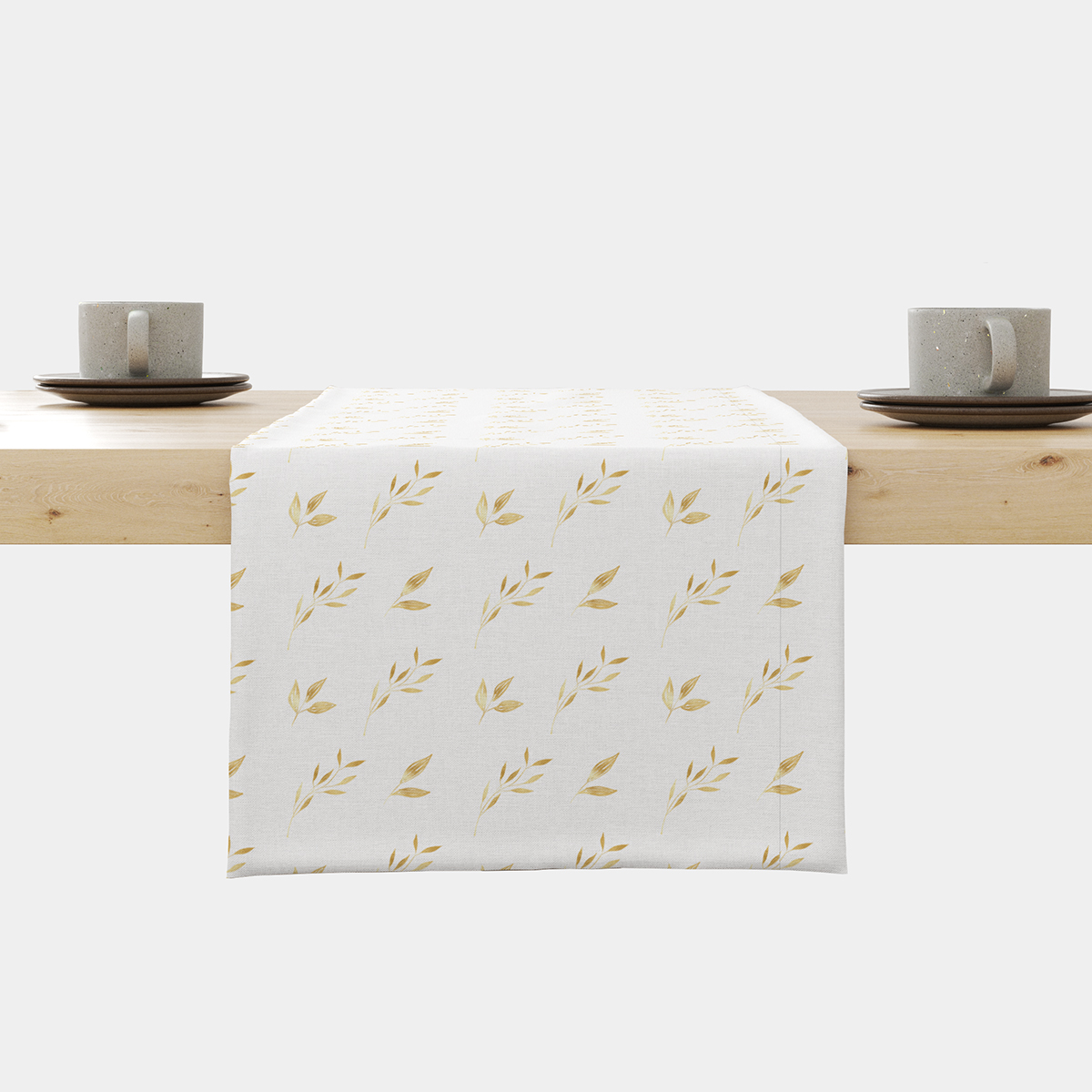 Bieżnik na stole widok z przodu z drobnym wzorem złotych listków