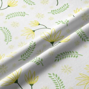 Zbliżenie na fakturę tkaniny i szczegóły nadruku z drobnymi żółtymi kwiatami i liśćmi
