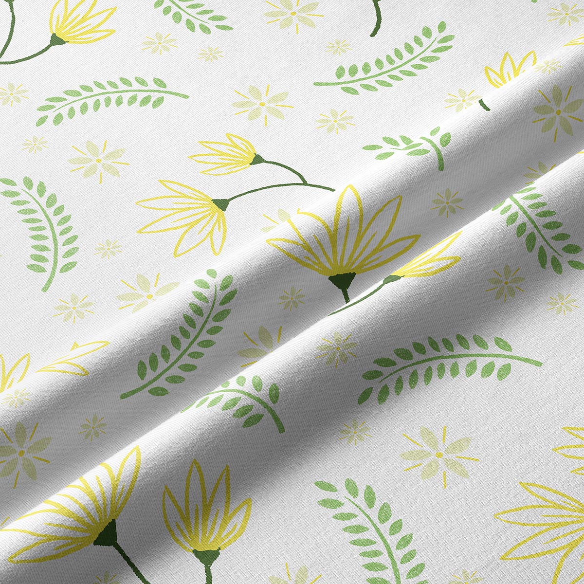 Zbliżenie na fakturę tkaniny i szczegóły nadruku z drobnymi żółtymi kwiatami i liśćmi