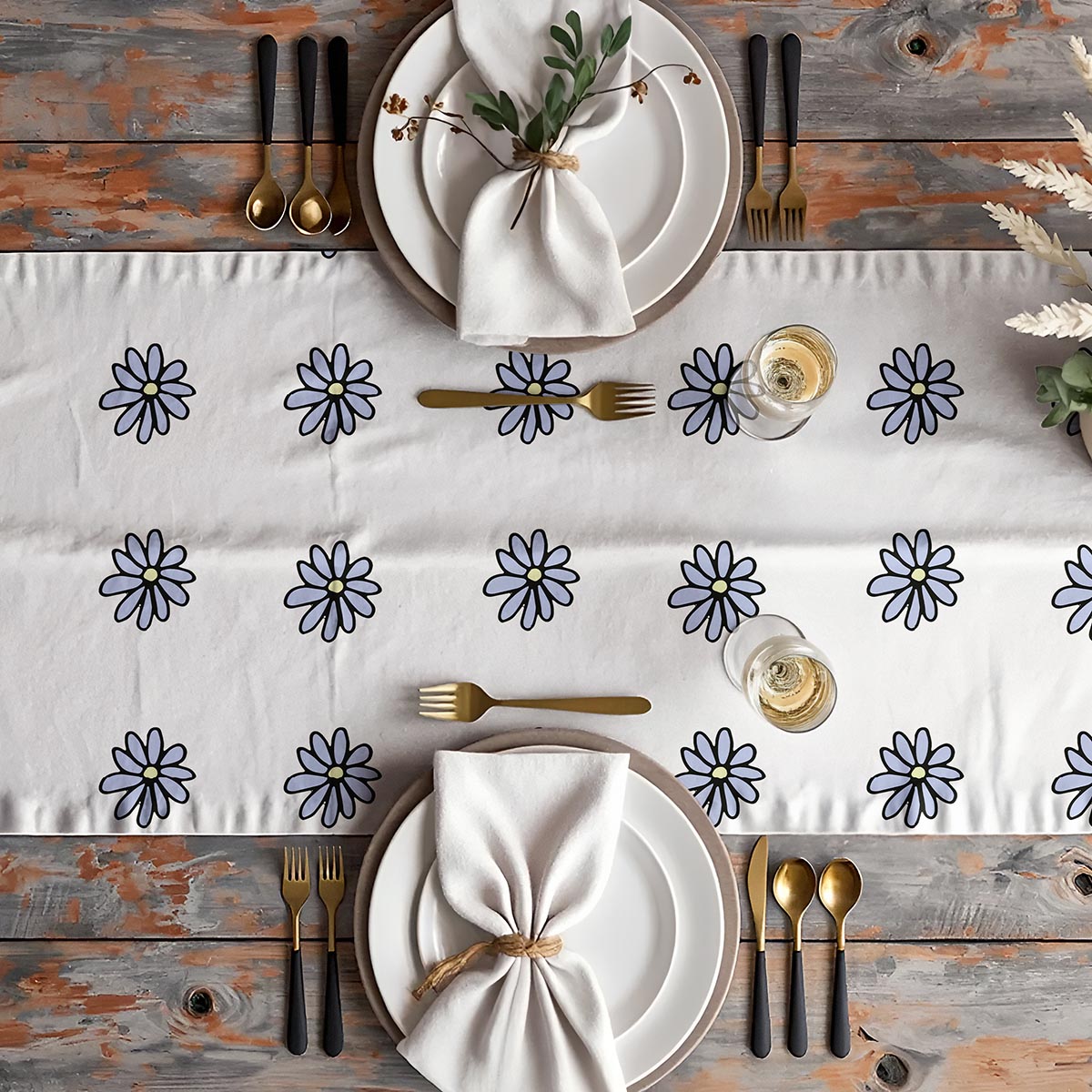 Widok z góry na nakryty stół z bieżnikiem i zastawą w rustykalnym stylu