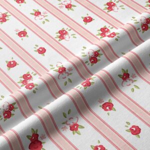 Zbliżenie na tkaninę pokazujące wzór różyczek i detal pasków oraz fakturę materiału