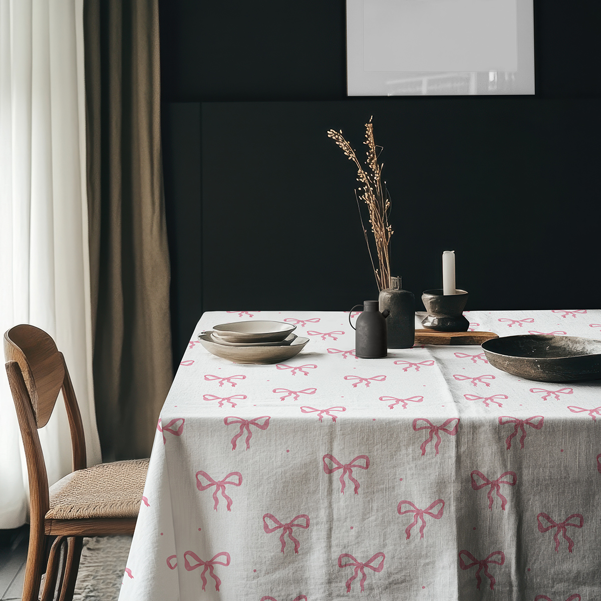 Aranżacja stołu z talerzami i ceramicznymi dekoracjami na obrusie w kokardki