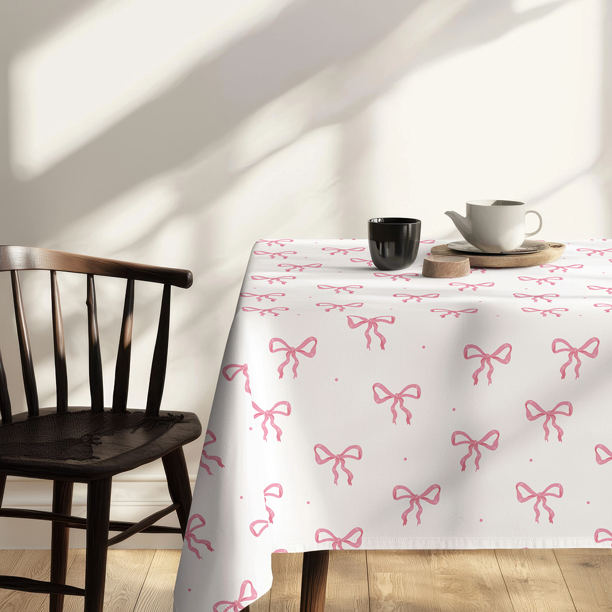 Kawa i filiżanka ustawione na narożniku stołu przykrytym obrusie z kokardami