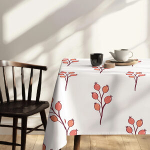 Widok z boku na narożnik stołu z nadrukowanym wzorem gałązek