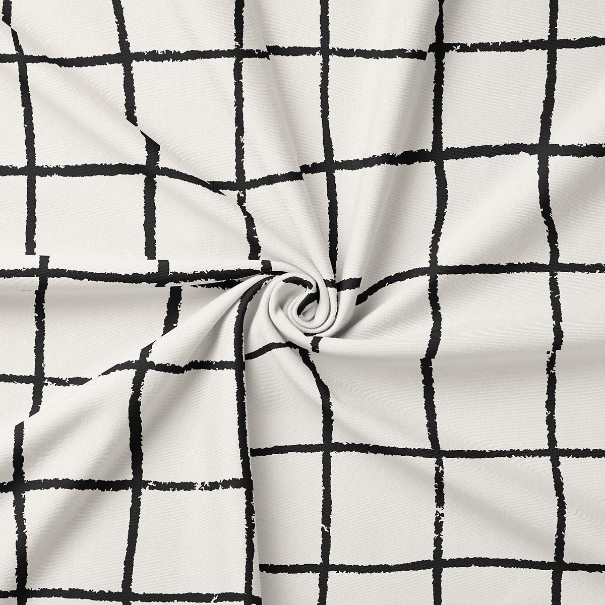 detal tkaniny z widoczną fakturą i nierównymi czarnymi liniami kratki