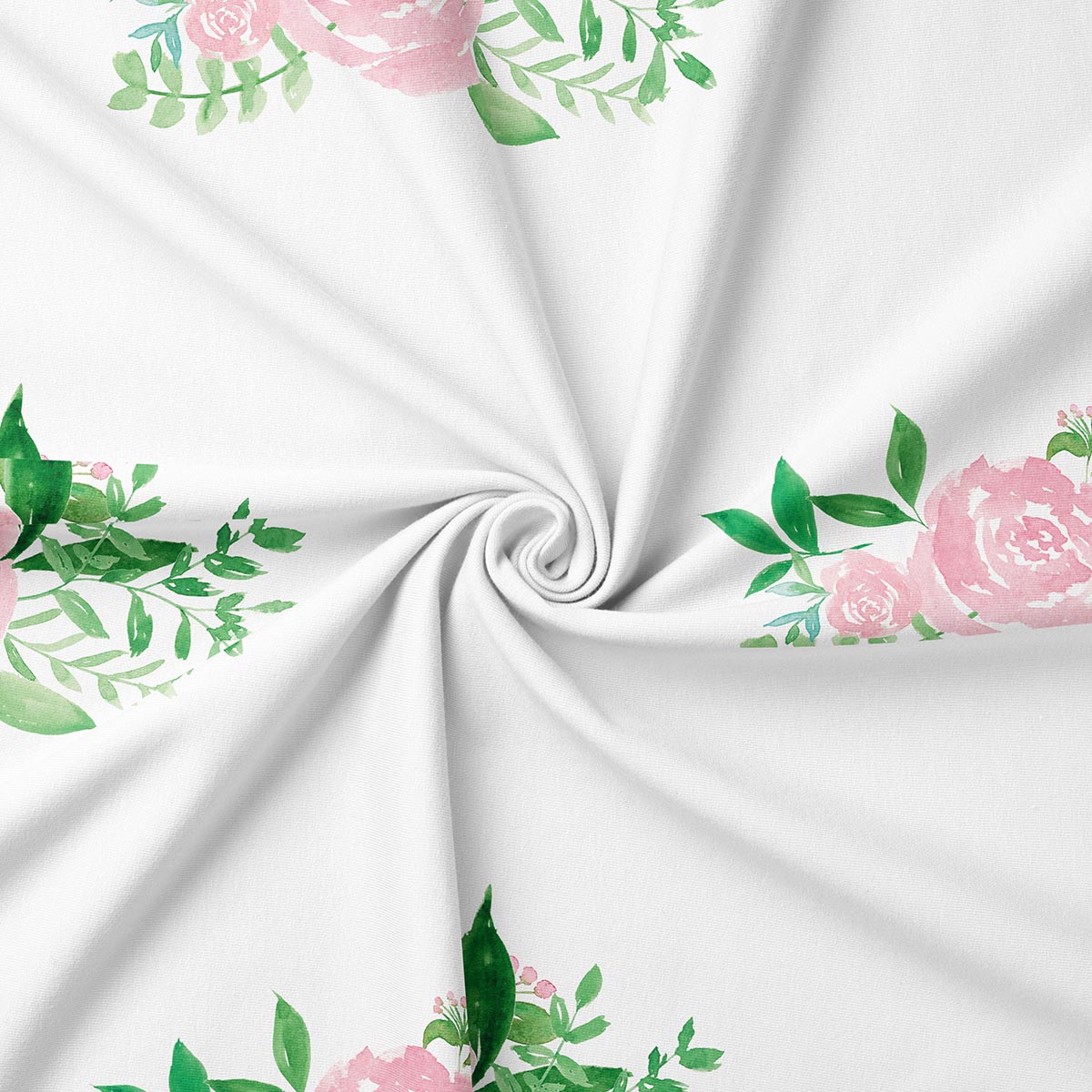 zbliżenie na tkaninę i detal nadruku z różą i listkami w stylu akwareli