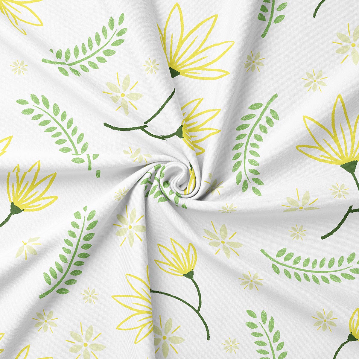 zbliżenie na detal wzoru z żółtymi kwiatami i delikatnymi zielonymi listkami