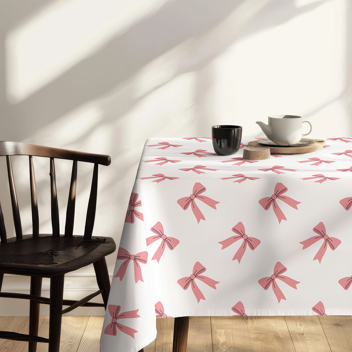 widok rogu obrusa z rozmieszczonymi różowymi kokardkami