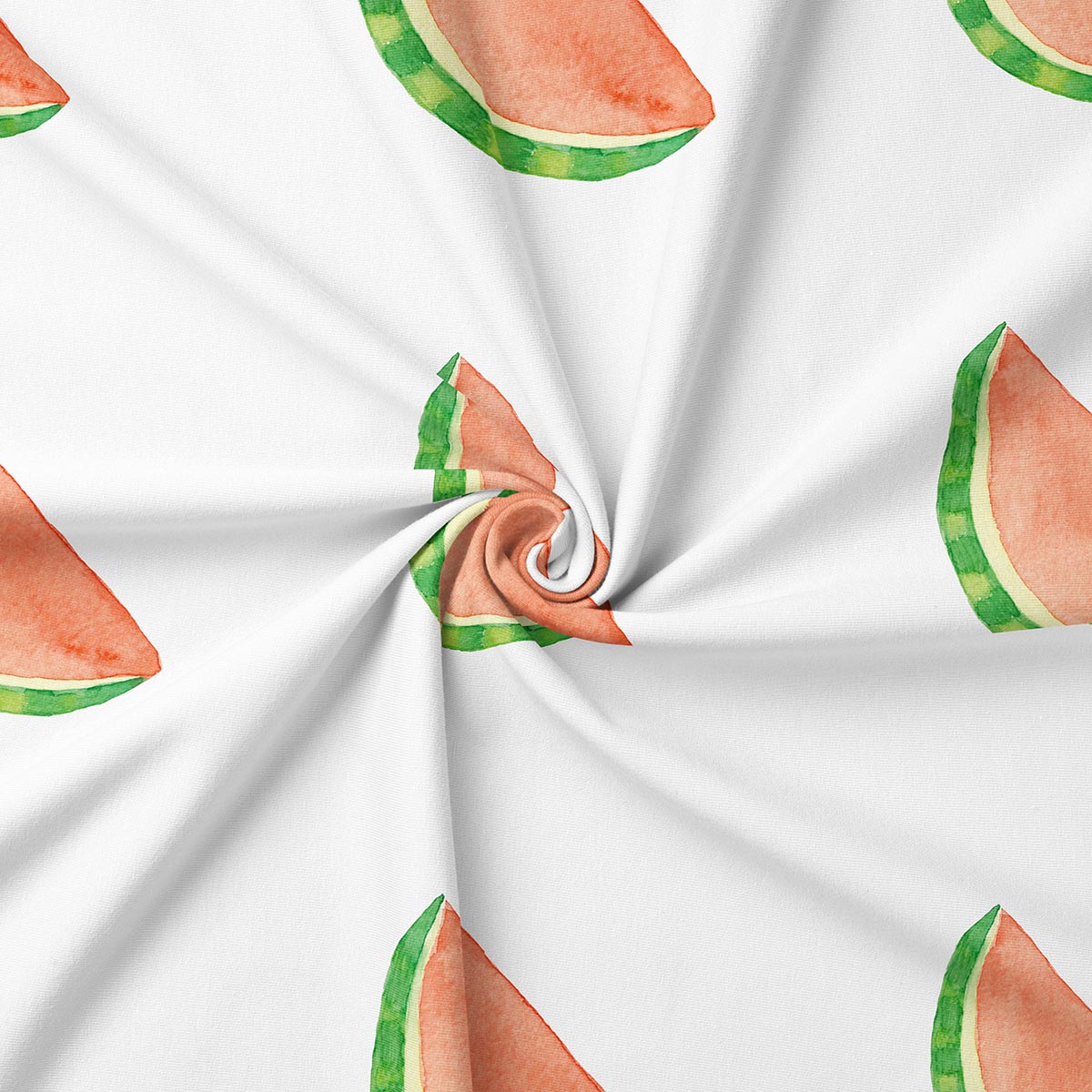 zbliżenie tkaniny pokazujące akwarelowy plasterek arbuza i fakturę materiału