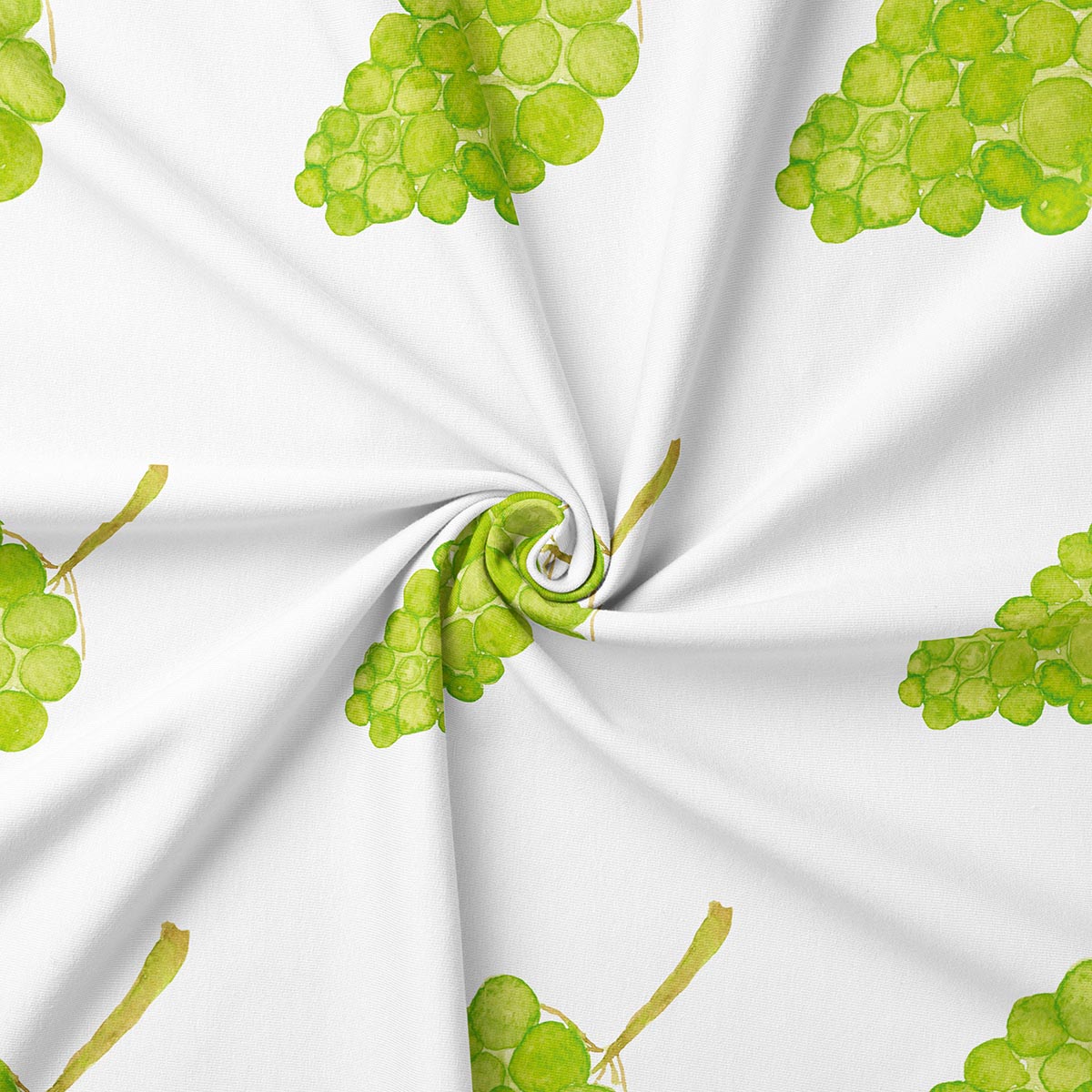 zbliżenie tkaniny pokazujące detal akwarelowych kiści winogron i fakturę materiału