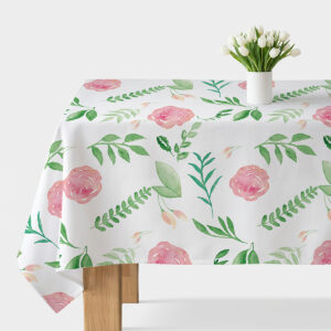 Obrus z akwarelowymi różami i listkami na białym tle, ujęcie główne