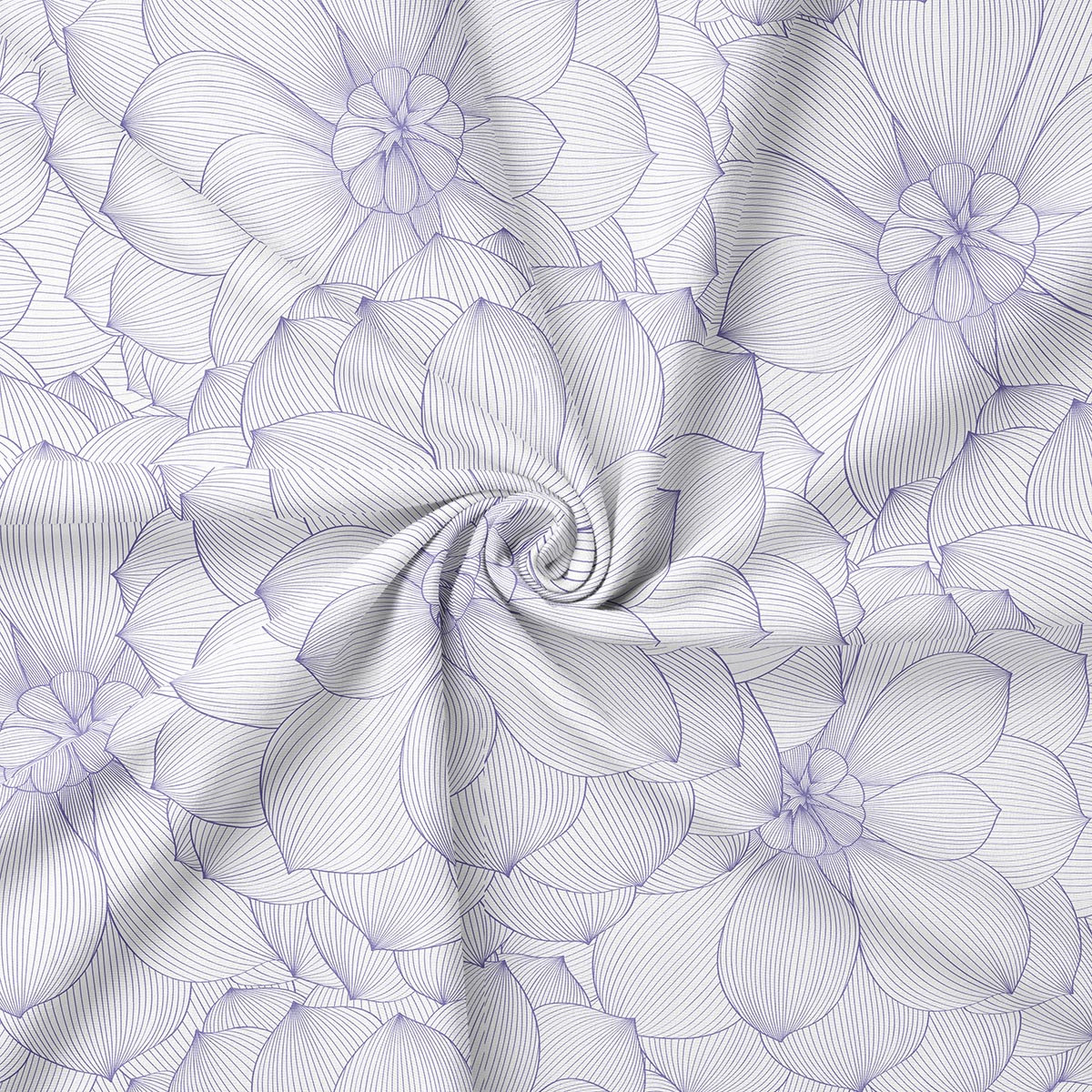 Zbliżenie na cienkie, lawendowe linie tworzące duże kwiaty na tkaninie