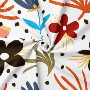 detal tkaniny i nadruku z czerwonym kwiatem, turkusowymi liśćmi i brązowymi akcentami