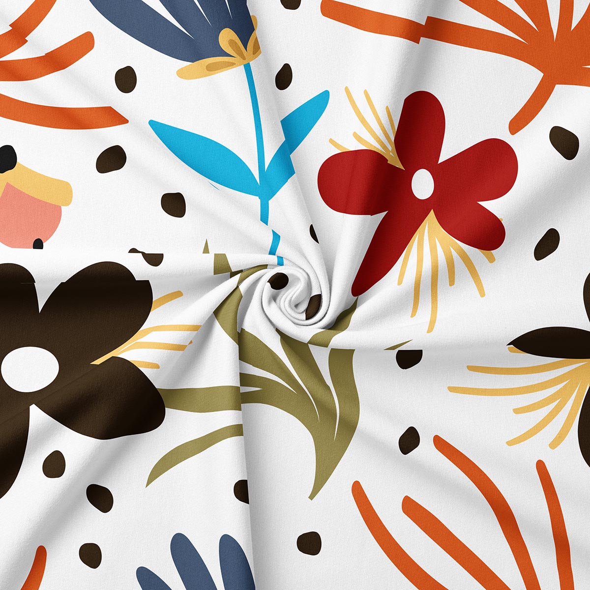 detal tkaniny i nadruku z czerwonym kwiatem, turkusowymi liśćmi i brązowymi akcentami