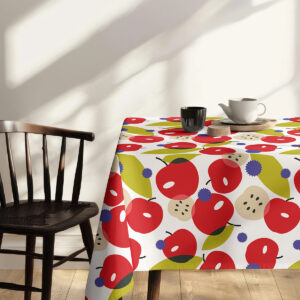 Detale wzoru: czerwone jabłka, oliwkowe liście i fioletowe akcenty