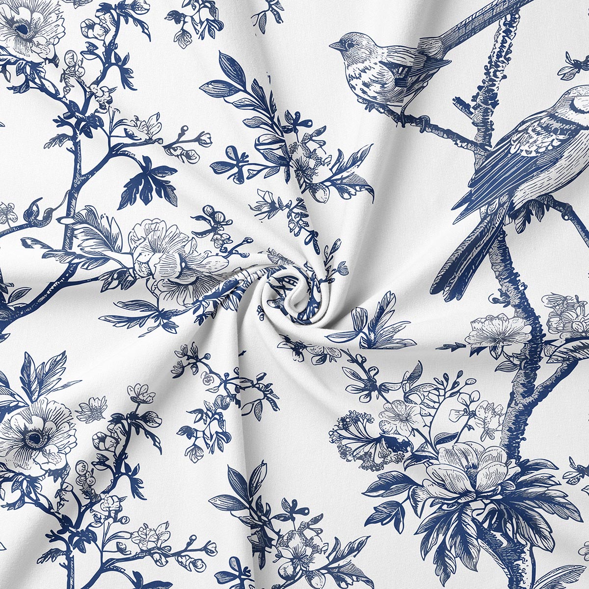 zbliżenie tkaniny z niebieskim, detalicznym wzorem ptaków i kwiatów