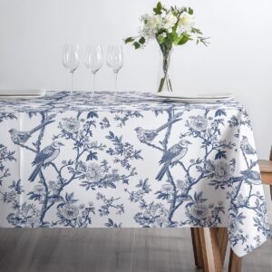 stół nakryty obrusem z motywem ptaków, talerzami i kieliszkami