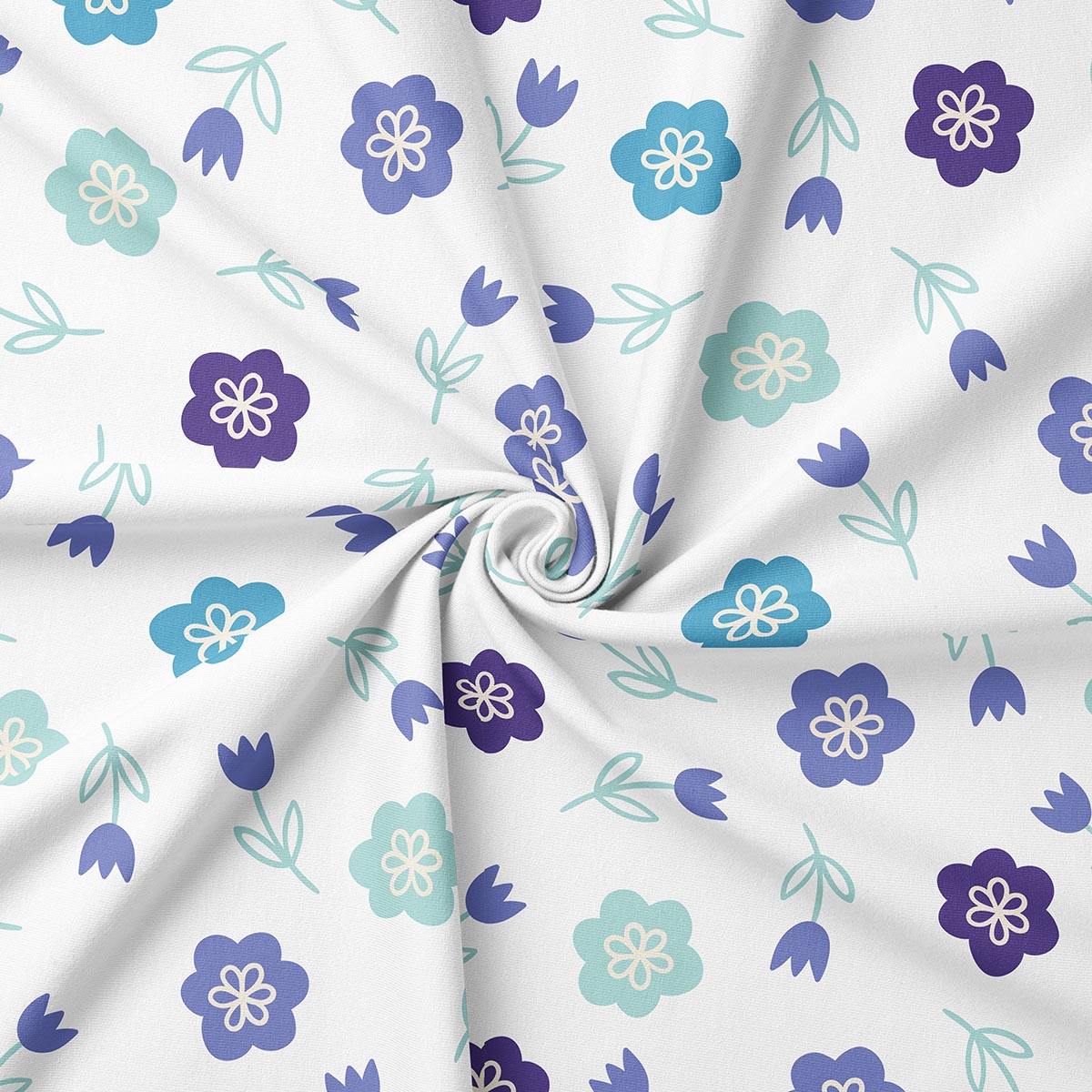 Zbliżenie na materiał obrusu pokazujące detal wzoru małych kwiatuszków i delikatnych gałązek