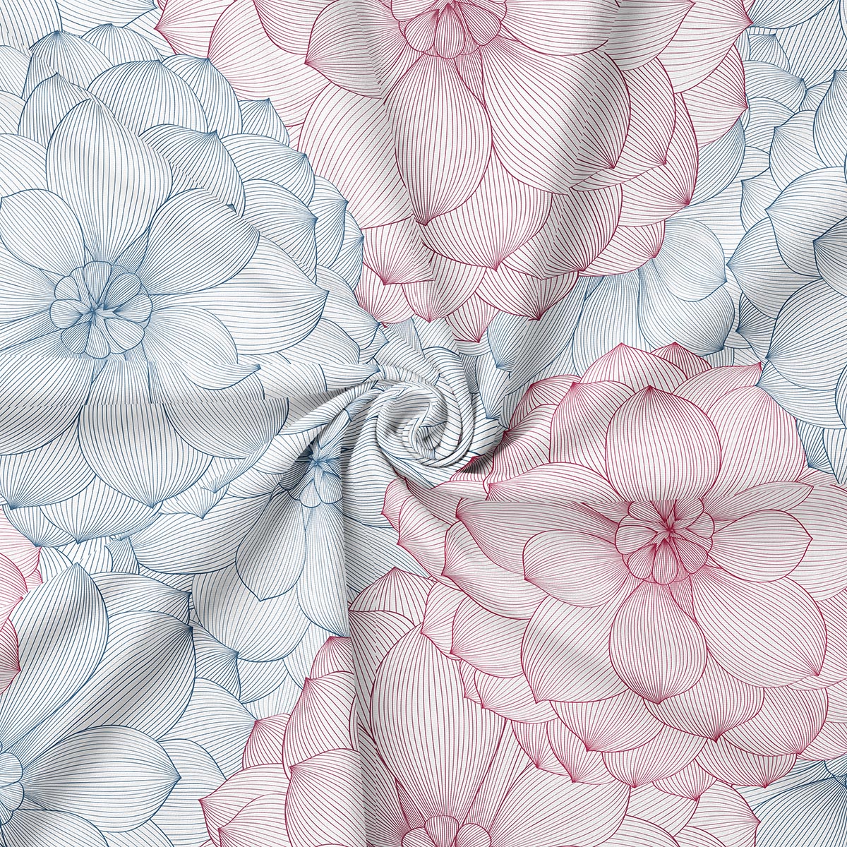 Zbliżenie na rysunkowy wzór kwiatów i fakturę tkaniny pokazujące drobne linie i detale