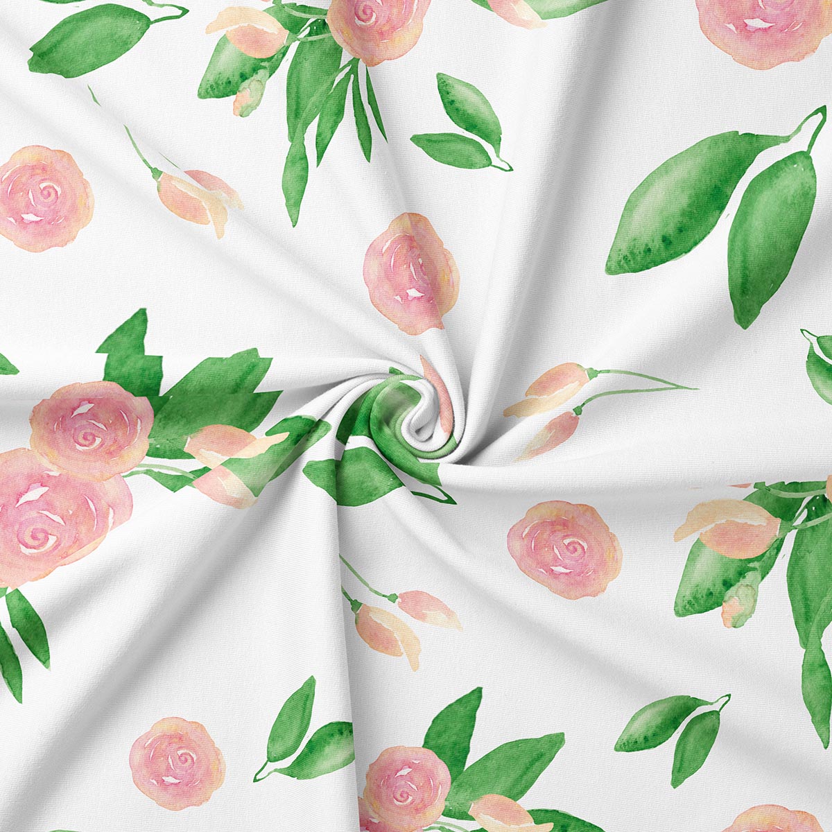 zbliżenie na tkaninę i nadruk delikatnych róż oraz listków