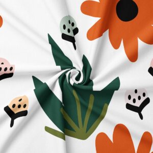 zdjęcie zbliżeniowe tkaniny pokazujące liść i pomarańczowy kwiat oraz fakturę nadruku