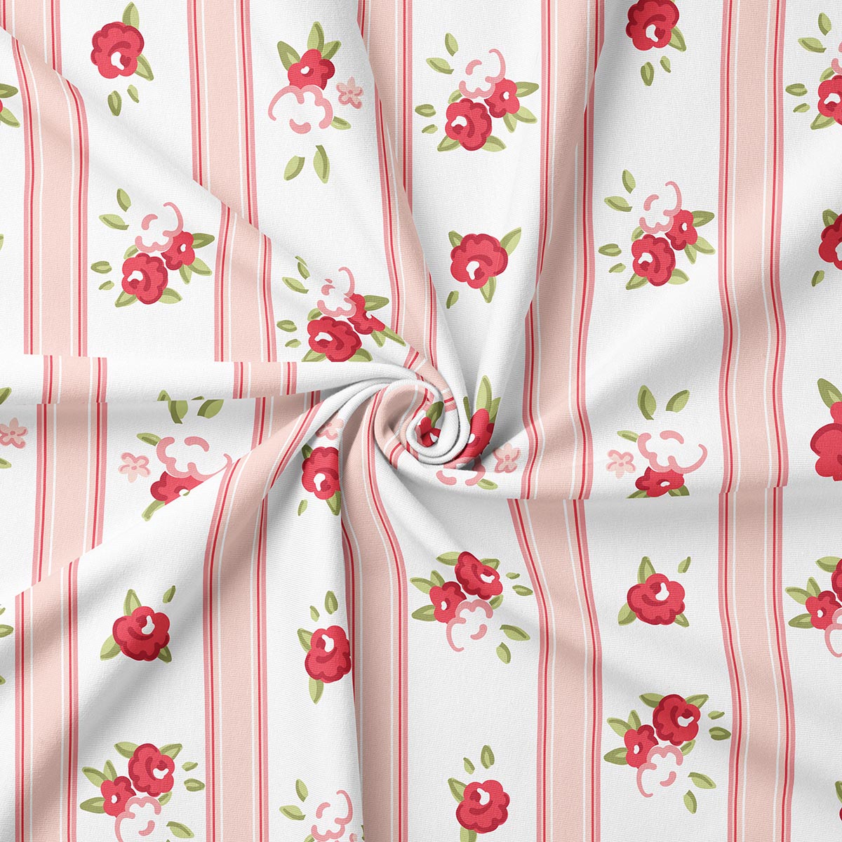 Zbliżenie tkaniny obrusu pokazujące detal różyczek i struktury materiału