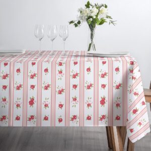 Stół zastawiony na śniadanie z obrusem w paski i małymi detalami dekoracyjnymi