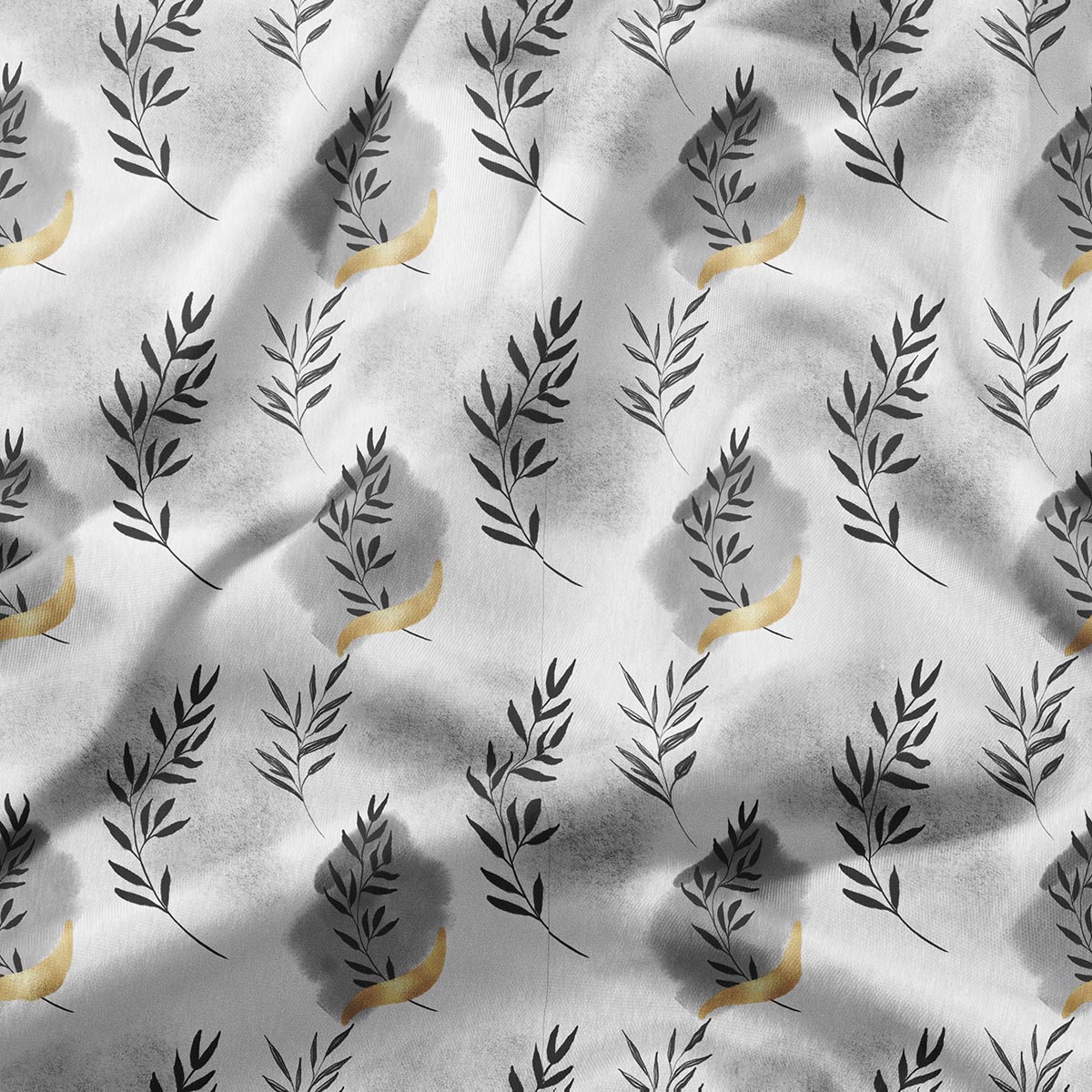 zblizenie wzoru tkaniny pokazujące cienkie liście, szare cienie i subtelne złote pociągnięcia