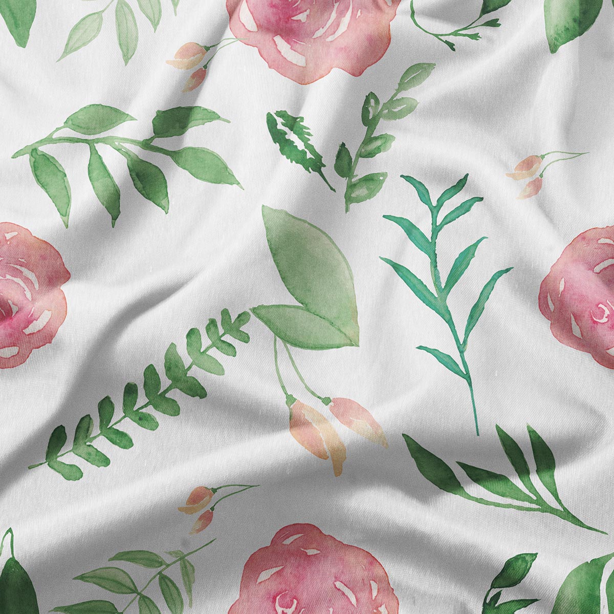 zbliżenie na fakturę tkaniny i detal akwarelowych liści oraz róż